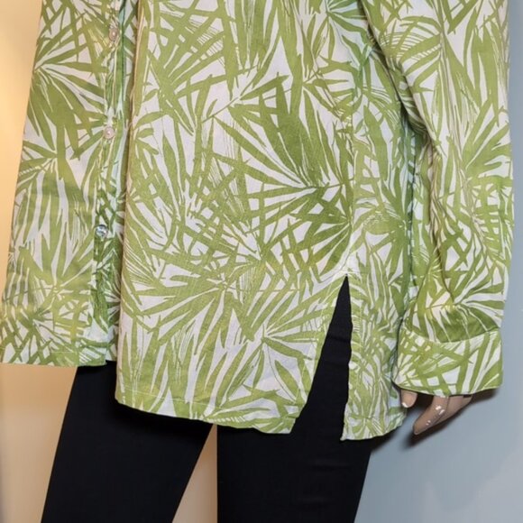 Additions By Chicos Button Down Shirt Mock Neck Side Slit Palm Leaf Print Top - Picture 5 of 12